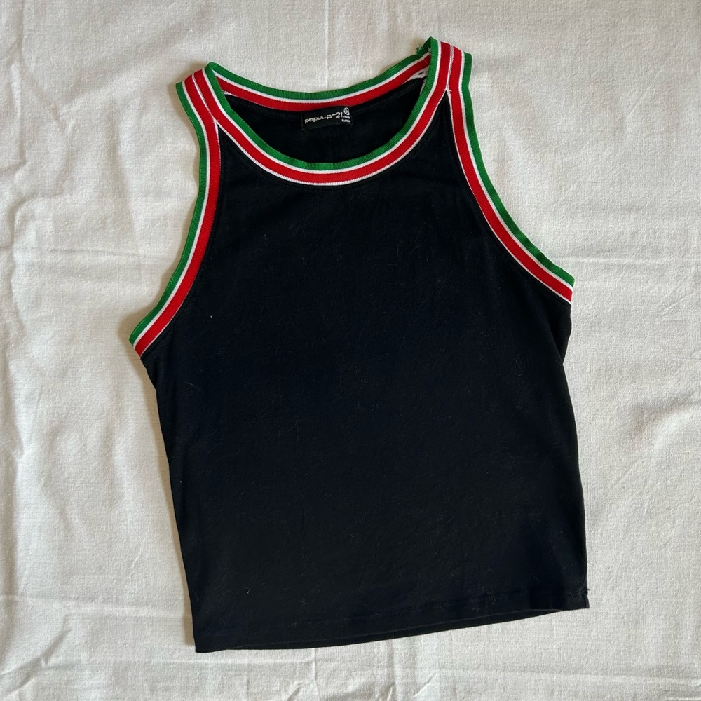Black Women’s Round Neck Tank Top with Red and Green Detailing size Medium
